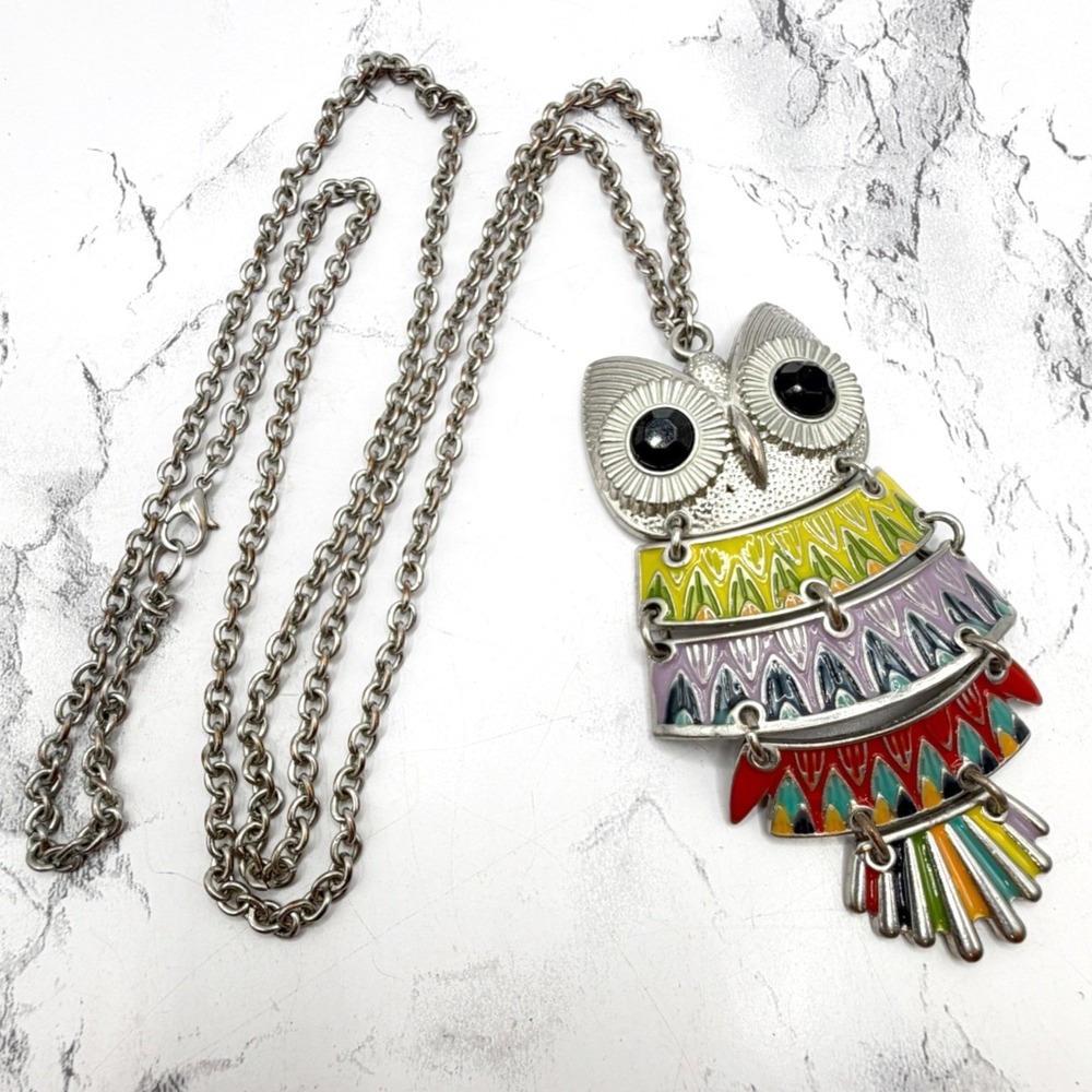 Colorful Enamel Articulated Owl Pendant Necklace Silver Tone 34" Boho